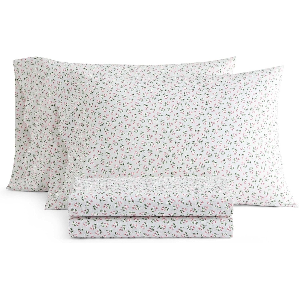 image:imageMartha Stewart  Twin XL Size Sheet Set Breathable Cotton Percale Bedding with Matching Pillowcase Fully Elastic Fitted Sheet Deep Pocket Crisp amp Cooling AllSeason Comfort Small Gingham BlueKennedy Floral Pink