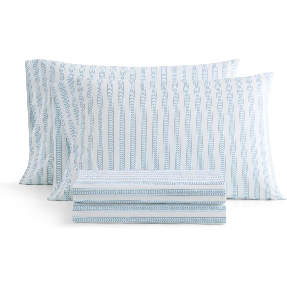 image:imageMartha Stewart  Twin XL Size Sheet Set Breathable Cotton Percale Bedding with Matching Pillowcase Fully Elastic Fitted Sheet Deep Pocket Crisp amp Cooling AllSeason Comfort Small Gingham BlueLeaf Stripe Blue