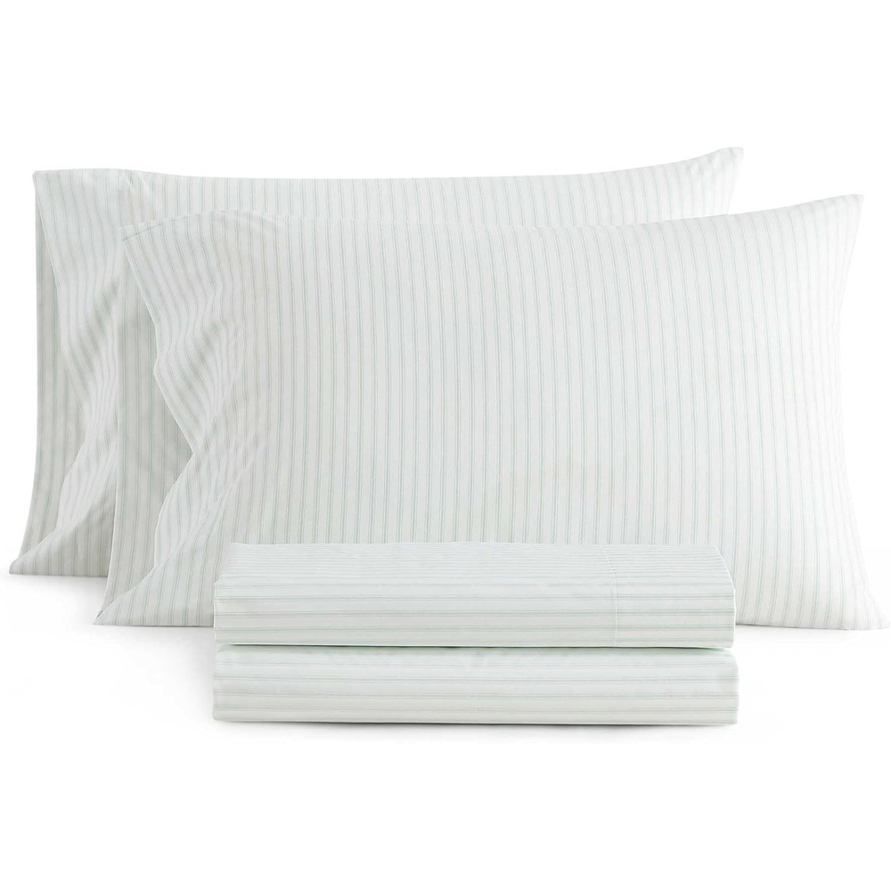 image:imageMartha Stewart Twin XL Size Sheet Set Breathable Cotton Percale Bedding with Matching Pillowcase Fully Elastic Fitted Sheet Deep Pocket Crisp amp Cooling AllSeason Comfort Small Gingham BlueTicking Stripe Green