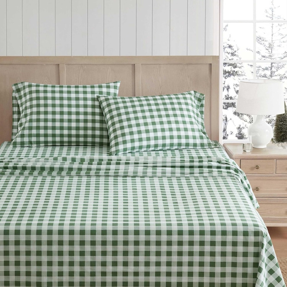 image:imageMartha Stewart Twin XL Size Sheet Set Breathable Cotton Percale Bedding with Matching Pillowcase Fully Elastic Fitted Sheet Deep Pocket Crisp amp Cooling AllSeason Comfort Small Gingham BlueMadison Gingham Green