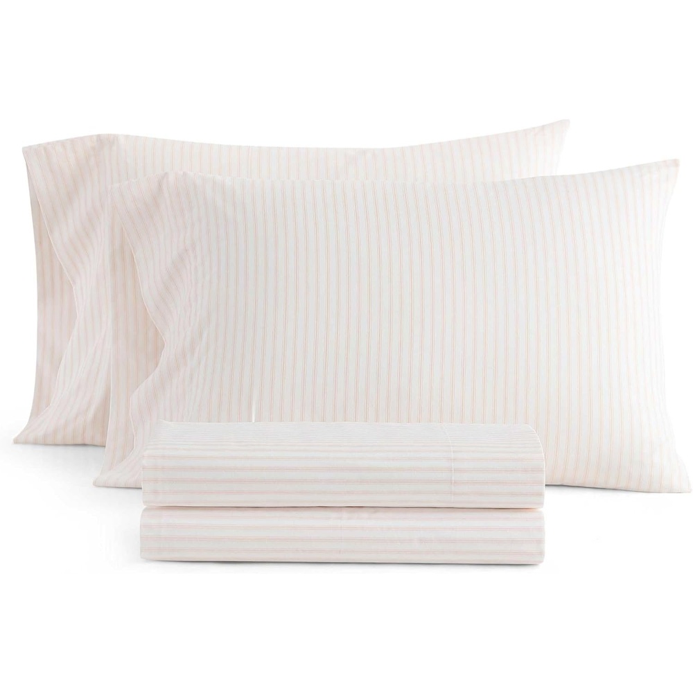image:imageMartha Stewart  Twin XL Size Sheet Set Breathable Cotton Percale Bedding with Matching Pillowcase Fully Elastic Fitted Sheet Deep Pocket Crisp amp Cooling AllSeason Comfort Small Gingham BlueTicking Stripe Pink