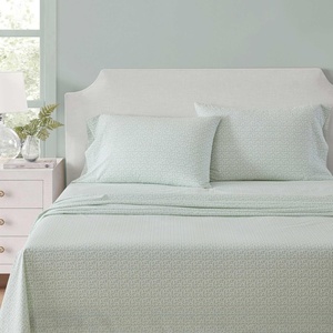Martha Stewart – Twin XL Size Sheet Set, Breathable Cotton Percale Bedding with Matching Pillowcase, Fully Elastic Fitted Sheet, Deep Pocket, Crisp & Cooling All-Season Comfort (Small Gingham Blue)(Leaves Green)