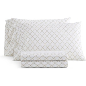 Martha Stewart – Twin XL Size Sheet Set, Breathable Cotton Percale Bedding with Matching Pillowcase, Fully Elastic Fitted Sheet, Deep Pocket, Crisp & Cooling All-Season Comfort (Small Gingham Blue)(Leaf Trellis Beige)