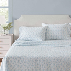 Martha Stewart – Twin XL Size Sheet Set, Breathable Cotton Percale Bedding with Matching Pillowcase, Fully Elastic Fitted Sheet, Deep Pocket, Crisp & Cooling All-Season Comfort (Small Gingham Blue)(Floral Blue)