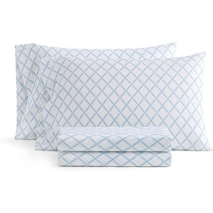 Martha Stewart – Twin XL Size Sheet Set, Breathable Cotton Percale Bedding with Matching Pillowcase, Fully Elastic Fitted Sheet, Deep Pocket, Crisp & Cooling All-Season Comfort (Small Gingham Blue)(Leaf Trellis Blue)