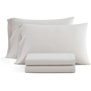 Martha Stewart – Twin XL Size Sheet Set, Breathable Cotton Percale Bedding with Matching Pillowcase, Fully Elastic Fitted Sheet, Deep Pocket, Crisp & Cooling All-Season Comfort (Small Gingham Blue)(Gingham Beige)