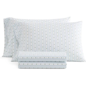 Martha Stewart – Twin XL Size Sheet Set, Breathable Cotton Percale Bedding with Matching Pillowcase, Fully Elastic Fitted Sheet, Deep Pocket, Crisp & Cooling All-Season Comfort (Small Gingham Blue)(Floral Stripe Blue)