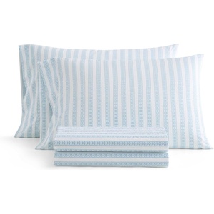 Martha Stewart – Twin XL Size Sheet Set, Breathable Cotton Percale Bedding with Matching Pillowcase, Fully Elastic Fitted Sheet, Deep Pocket, Crisp & Cooling All-Season Comfort (Small Gingham Blue)(Leaf Stripe Blue)