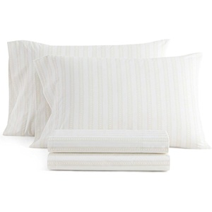 Martha Stewart – Twin XL Size Sheet Set, Breathable Cotton Percale Bedding with Matching Pillowcase, Fully Elastic Fitted Sheet, Deep Pocket, Crisp & Cooling All-Season Comfort (Small Gingham Blue)(Francesca Stripe Beige)