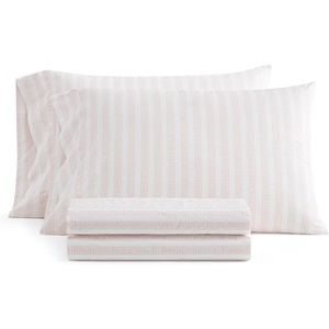 Martha Stewart – Twin XL Size Sheet Set, Breathable Cotton Percale Bedding with Matching Pillowcase, Fully Elastic Fitted Sheet, Deep Pocket, Crisp & Cooling All-Season Comfort (Small Gingham Blue)(Leaf Stripe Pink)