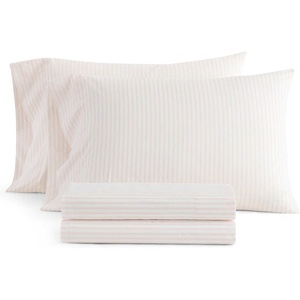 Martha Stewart – Twin XL Size Sheet Set, Breathable Cotton Percale Bedding with Matching Pillowcase, Fully Elastic Fitted Sheet, Deep Pocket, Crisp & Cooling All-Season Comfort (Small Gingham Blue)(Ticking Stripe Pink)