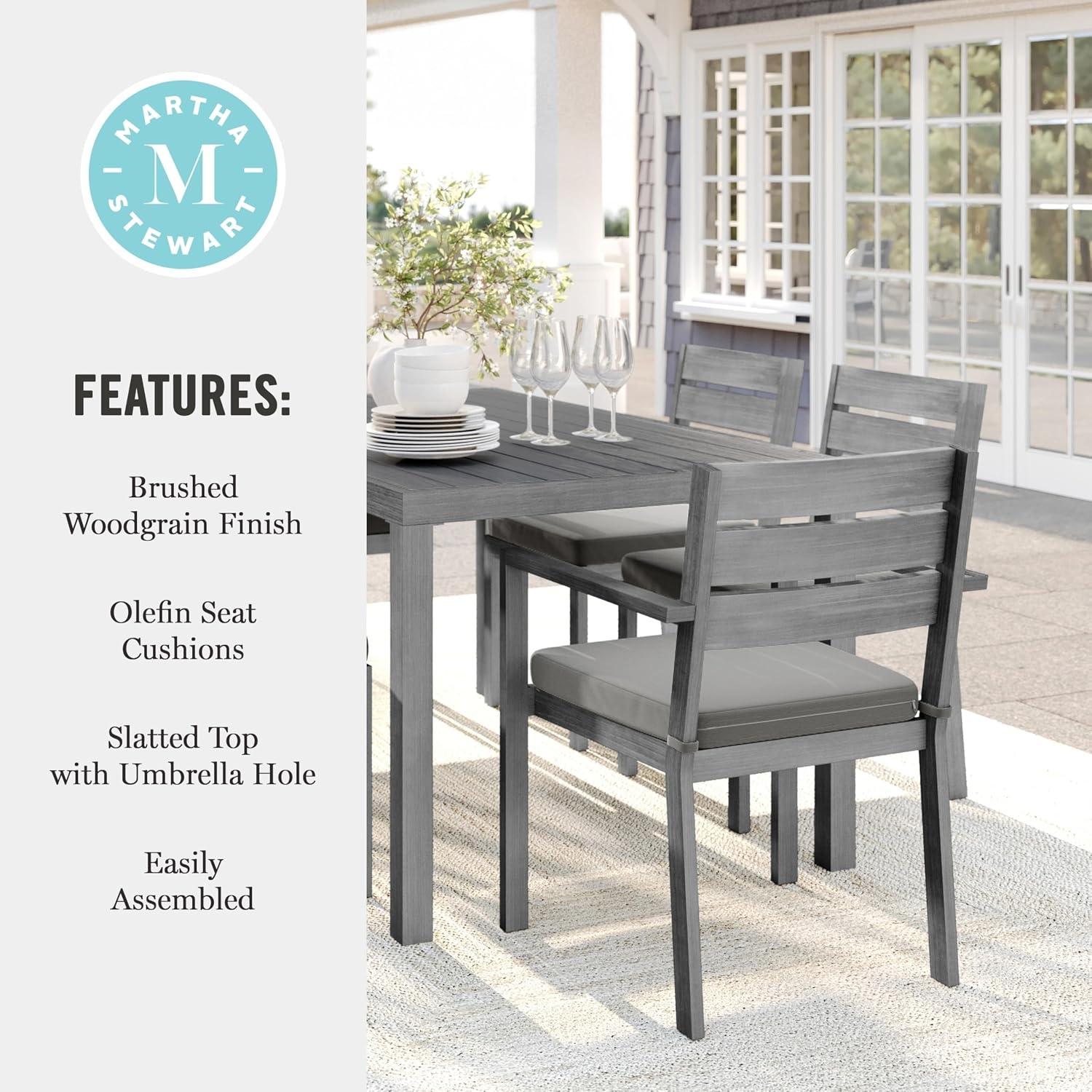 image:imageMartha Stewart Bedford 7 Piece Aluminum Patio Set with 62 Table and 6 Stackable Chairs with Brown Brushed Woodgrain Finish Cream AllWeather Seat CushionsGrey