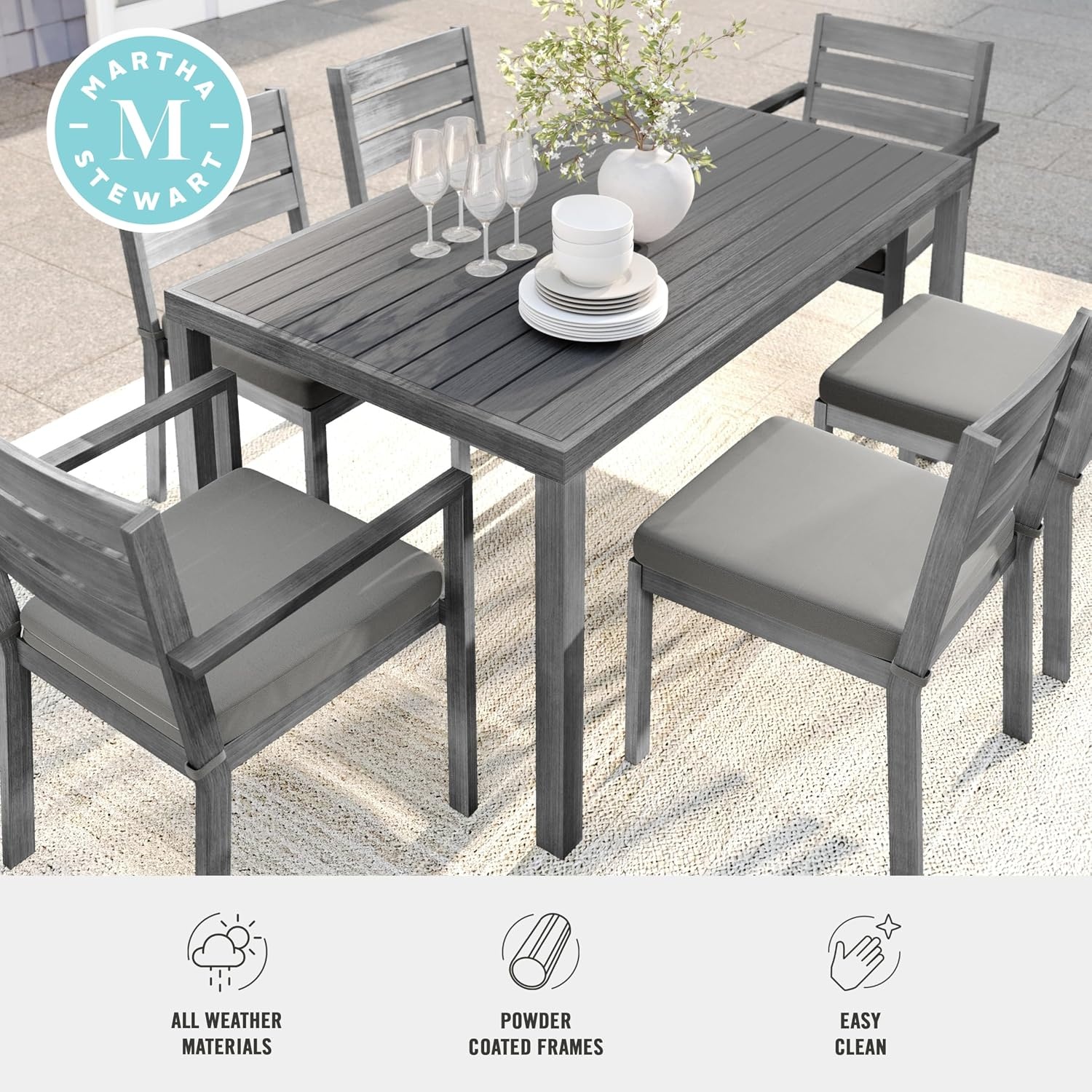 image:imageMartha Stewart Bedford 7 Piece Aluminum Patio Set with 62 Table and 6 Stackable Chairs with Brown Brushed Woodgrain Finish Cream AllWeather Seat CushionsGrey