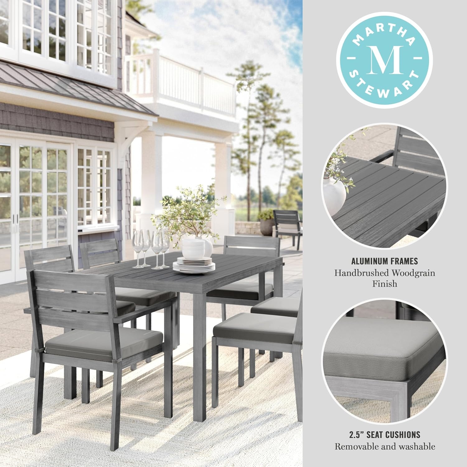 image:imageMartha Stewart Bedford 7 Piece Aluminum Patio Set with 62 Table and 6 Stackable Chairs with Brown Brushed Woodgrain Finish Cream AllWeather Seat CushionsGrey