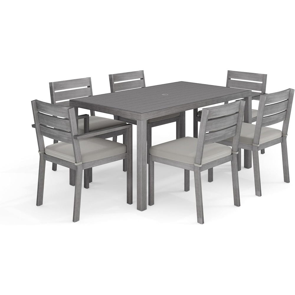 image:imageMartha Stewart Bedford 7 Piece Aluminum Patio Set with 62 Table and 6 Stackable Chairs with Brown Brushed Woodgrain Finish Cream AllWeather Seat CushionsGrey