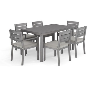 Martha Stewart Bedford 7 Piece Aluminum Patio Set with 62″ Table and 6 Stackable Chairs with Brown Brushed Woodgrain Finish, Cream All-Weather Seat Cushions(Grey)
