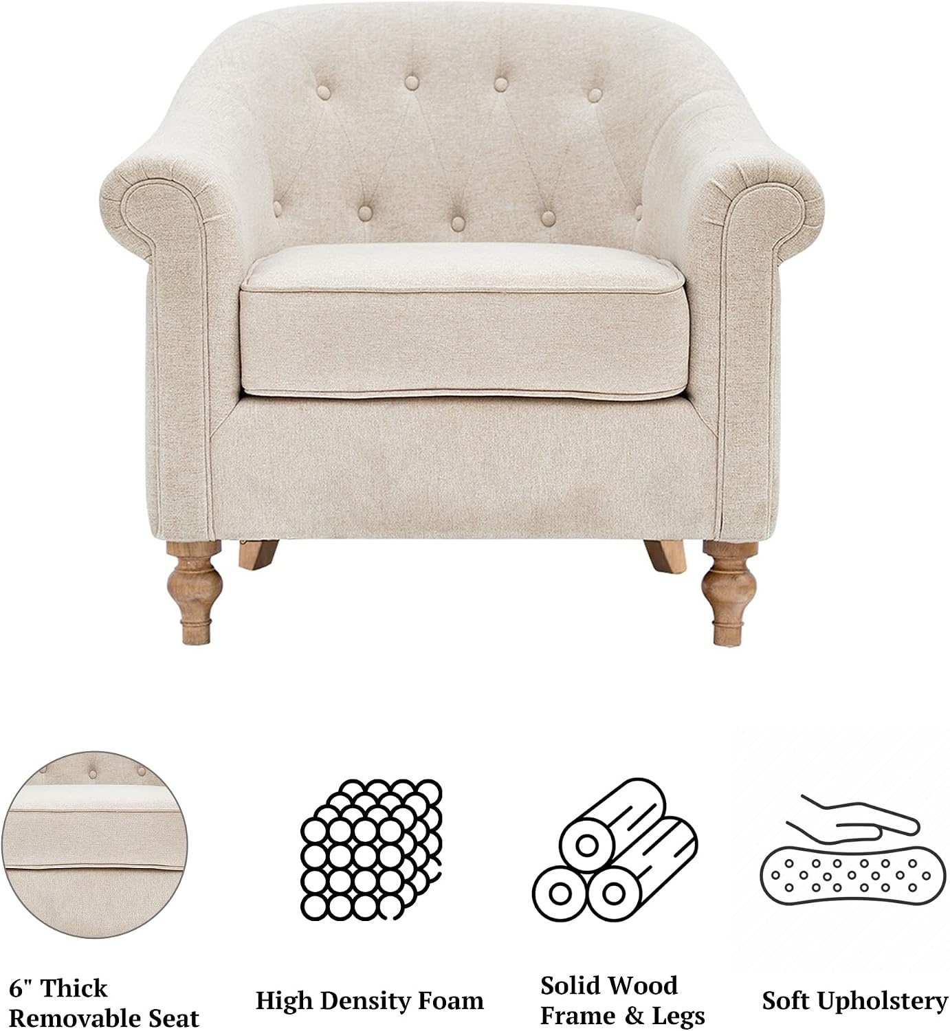 image:imageMartha Stewart Fayette Accent Chair for Living Room Bedford Collection Tufted Back Traditional Rolled Arms 6 Thick Removable Cushion Modern Farmhouse Furniture Bedroom Chair 35 Wide Cream