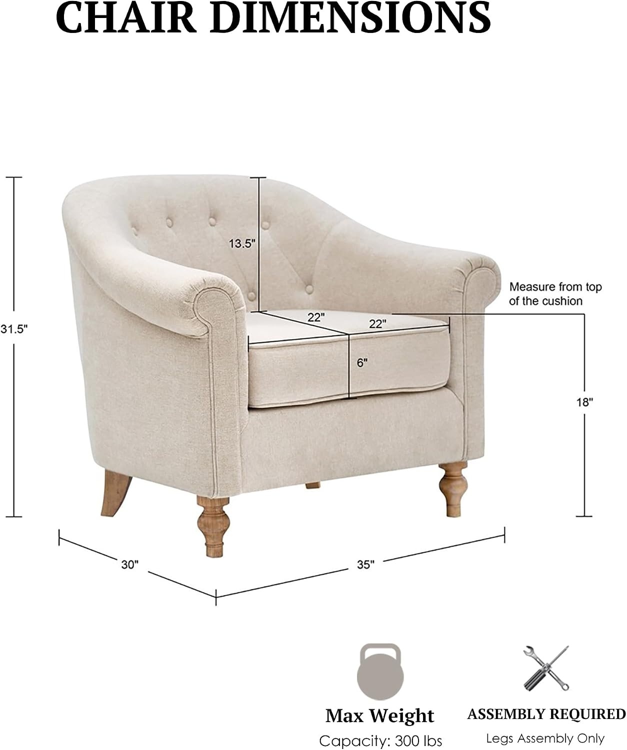 image:imageMartha Stewart Fayette Accent Chair for Living Room Bedford Collection Tufted Back Traditional Rolled Arms 6 Thick Removable Cushion Modern Farmhouse Furniture Bedroom Chair 35 Wide Cream