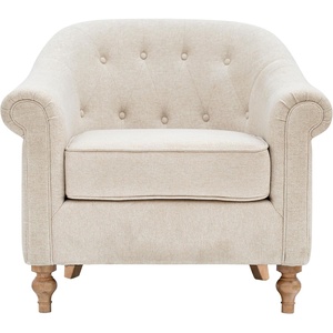 Martha Stewart Fayette Accent Chair for Living Room Bedford Collection, Tufted Back, Traditional Rolled Arms, 6″ Thick Removable Cushion, Modern Farmhouse Furniture Bedroom Chair, 35″ Wide Cream