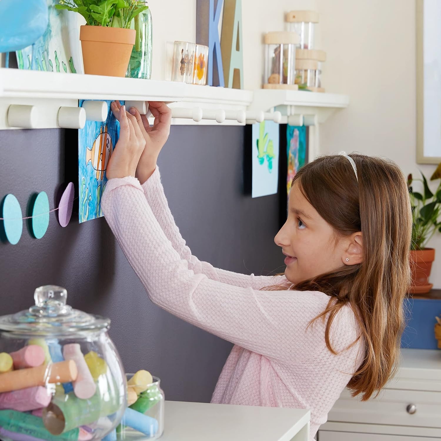 image:imageMartha Stewart Crafting Kids Art Display Linen White Magnetic Childrens Hanging Artwork Display Shelf Wooden Wall MountCreamy White