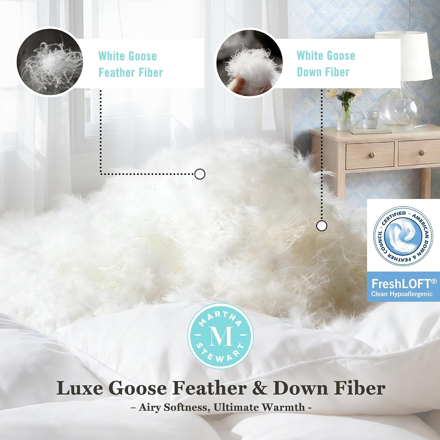 image:imageMartha Stewart Luxury White Goose Feathers Down Fiber Comforter King Size Hotel Collection 100 Cotton Cover Comforter All Season Medium Warmth Breathable Hypoallergenic 106 x 90 InchExtra WarmthWhite