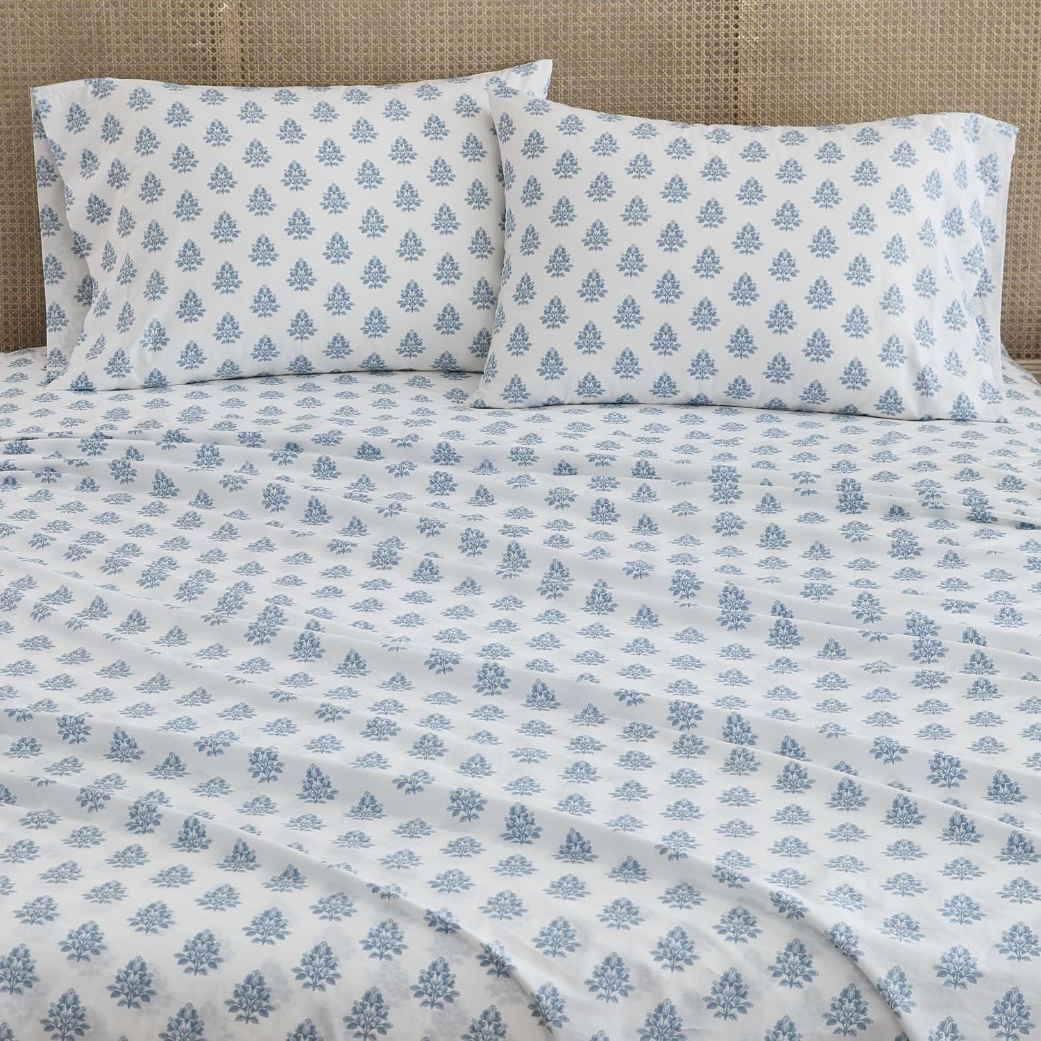 image:imageMartha Stewart Full Sheet Set with Fitted Sheet amp Pillowcases Cotton Percale Bedding with a Smooth Feel Deep Pocket Gingham BrownDarcy Blue