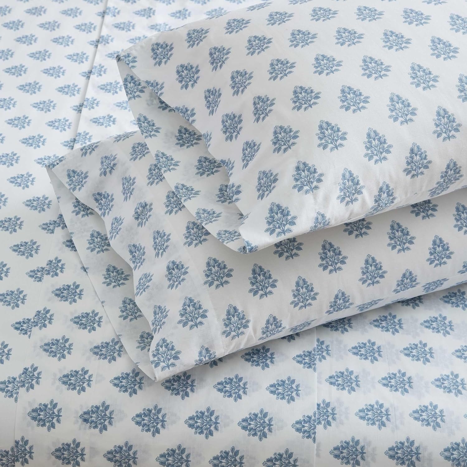 image:imageMartha Stewart Full Sheet Set with Fitted Sheet amp Pillowcases Cotton Percale Bedding with a Smooth Feel Deep Pocket Gingham BrownDarcy Blue