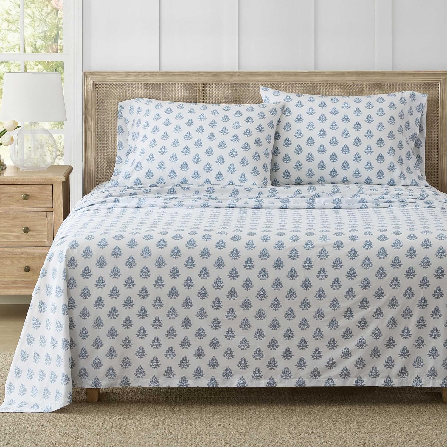 image:imageMartha Stewart Full Sheet Set with Fitted Sheet amp Pillowcases Cotton Percale Bedding with a Smooth Feel Deep Pocket Gingham BrownDarcy Blue