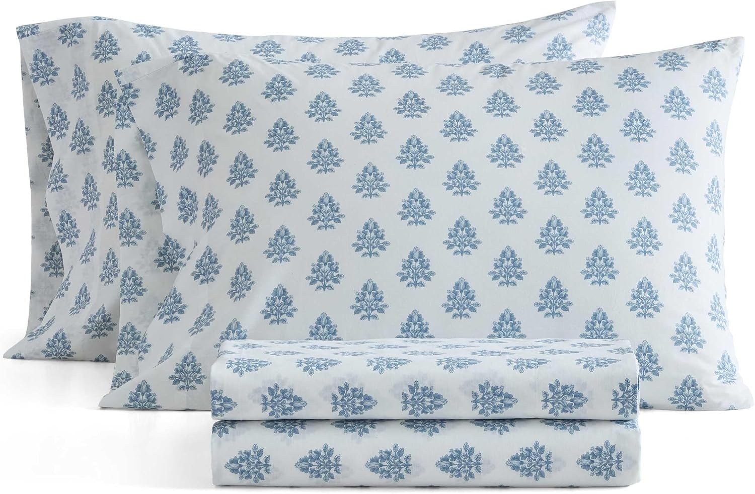 image:imageMartha Stewart Full Sheet Set with Fitted Sheet amp Pillowcases Cotton Percale Bedding with a Smooth Feel Deep Pocket Gingham BrownDarcy Blue