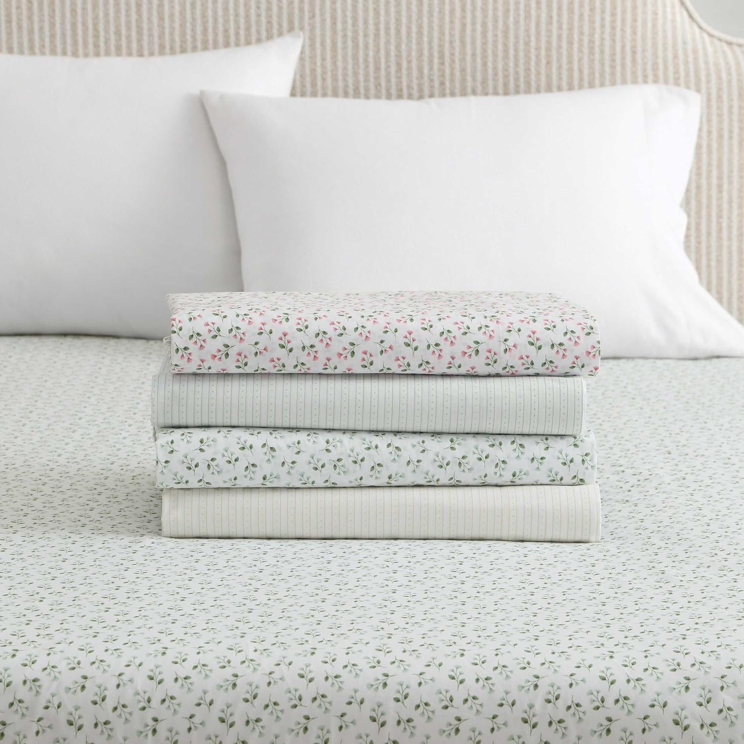 image:imageMartha Stewart Full Sheet Set with Fitted Sheet amp Pillowcases Cotton Percale Bedding with a Smooth Feel Deep Pocket Gingham BrownDottie Stripe Green