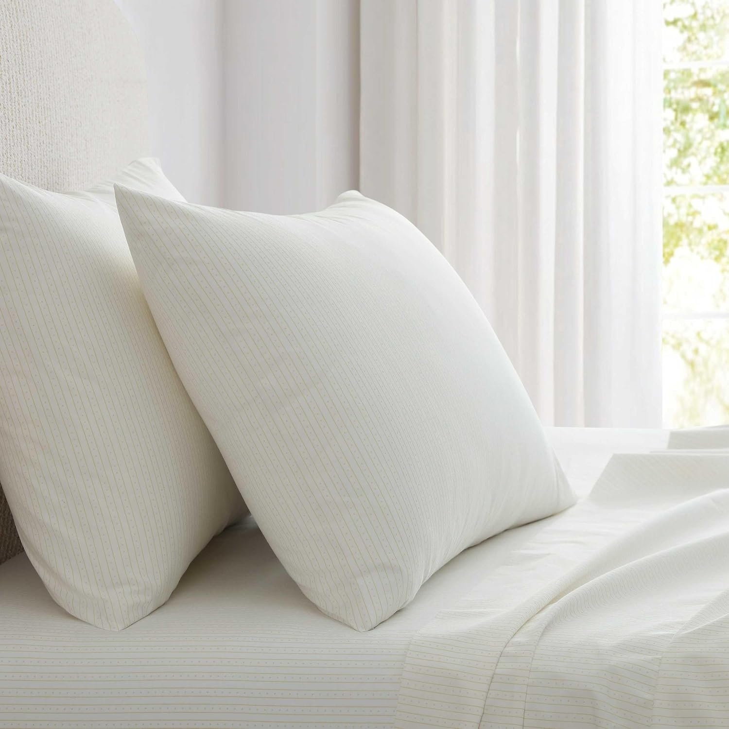 image:imageMartha Stewart Full Sheet Set with Fitted Sheet amp Pillowcases Cotton Percale Bedding with a Smooth Feel Deep Pocket Gingham BrownDottie Stripe Yellow