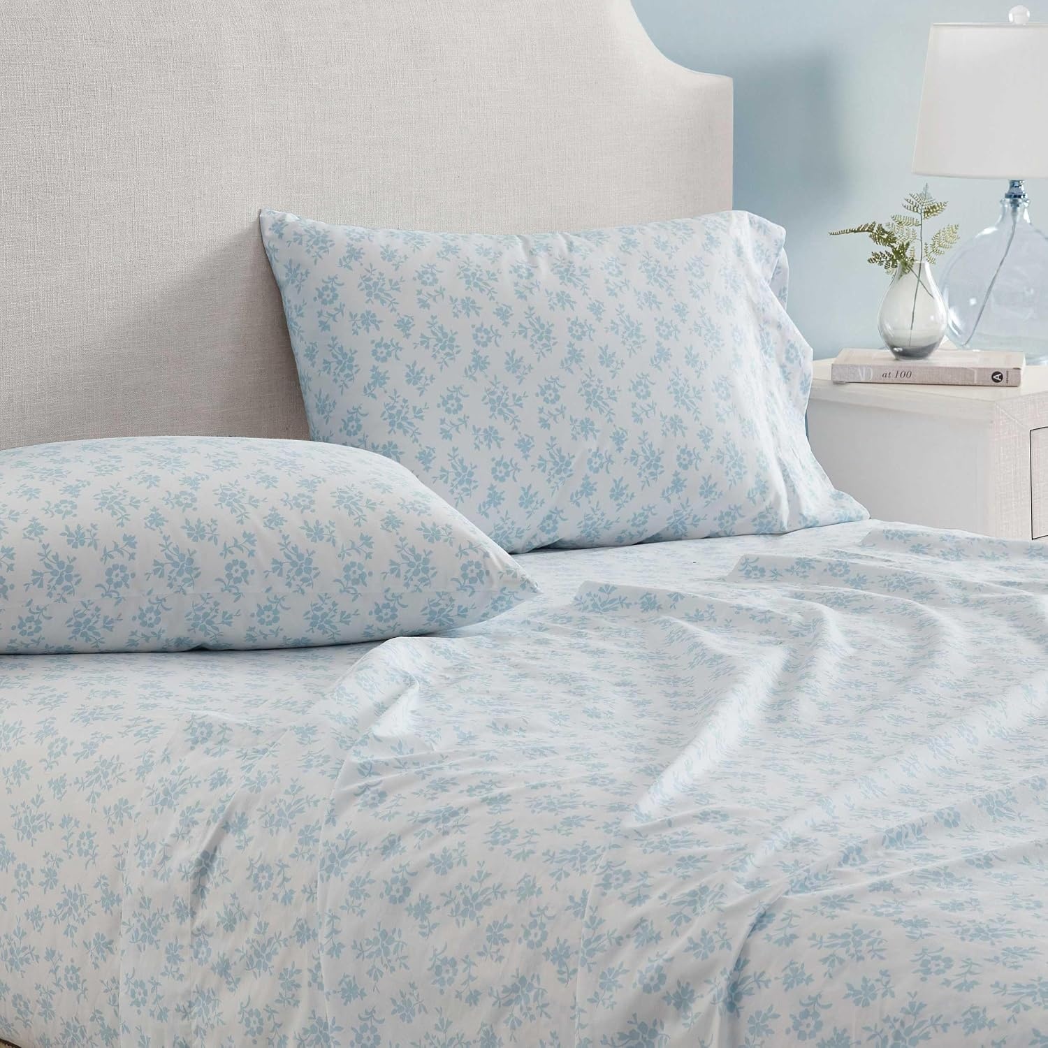 image:imageMartha Stewart Full Sheet Set with Fitted Sheet amp Pillowcases Cotton Percale Bedding with a Smooth Feel Deep Pocket Gingham BrownFloral Blue