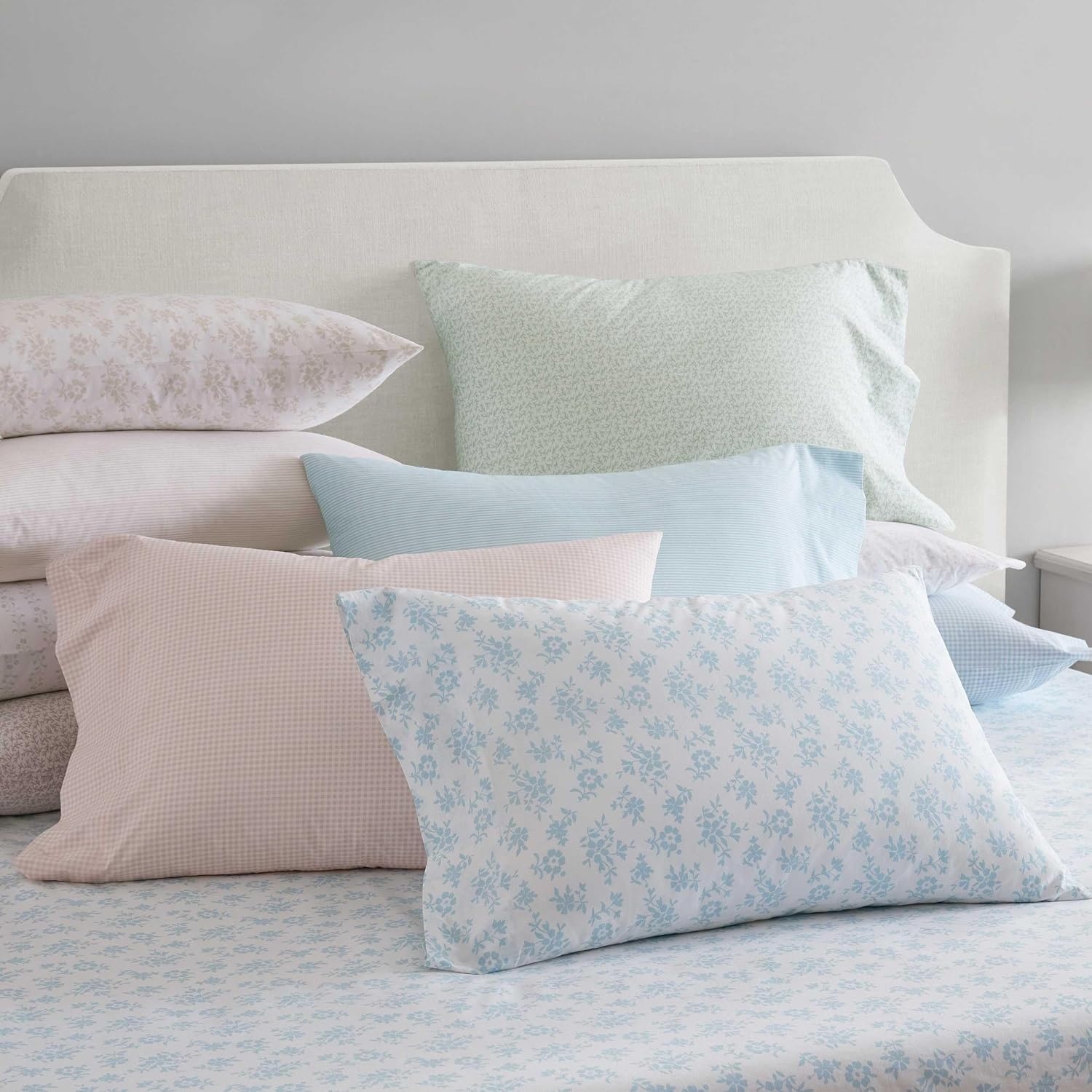 image:imageMartha Stewart Full Sheet Set with Fitted Sheet amp Pillowcases Cotton Percale Bedding with a Smooth Feel Deep Pocket Gingham BrownFloral Blue