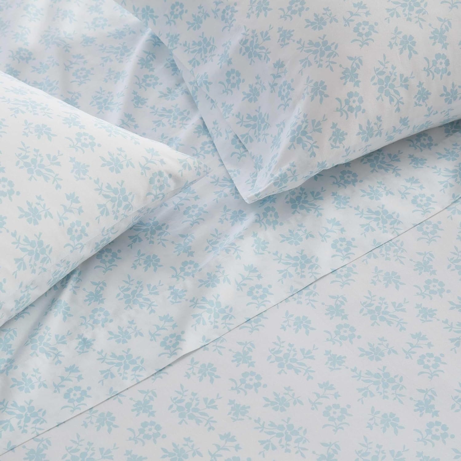 image:imageMartha Stewart Full Sheet Set with Fitted Sheet amp Pillowcases Cotton Percale Bedding with a Smooth Feel Deep Pocket Gingham BrownFloral Blue