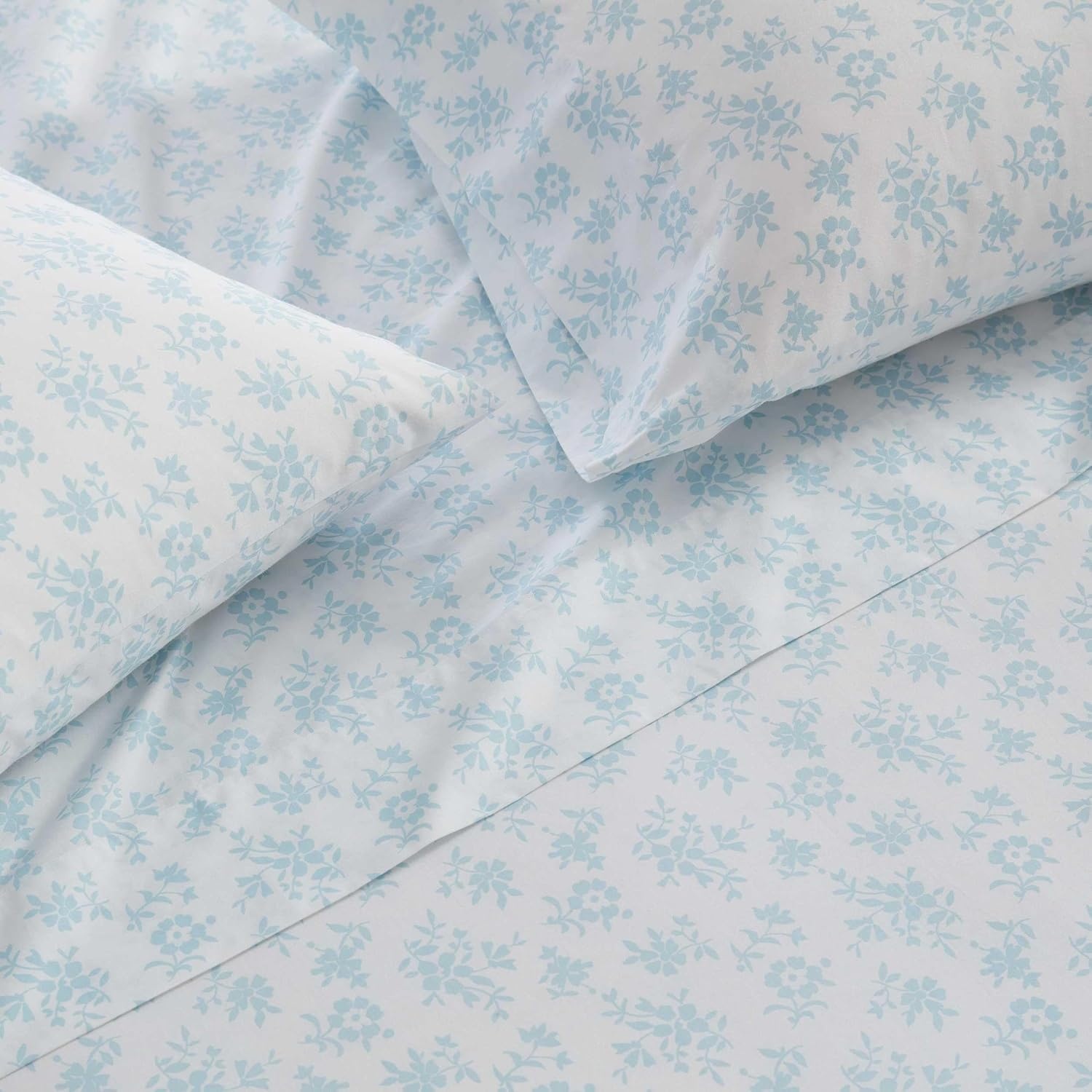 image:imageMartha Stewart Full Sheet Set with Fitted Sheet amp Pillowcases Cotton Percale Bedding with a Smooth Feel Deep Pocket Gingham BrownFloral Blue