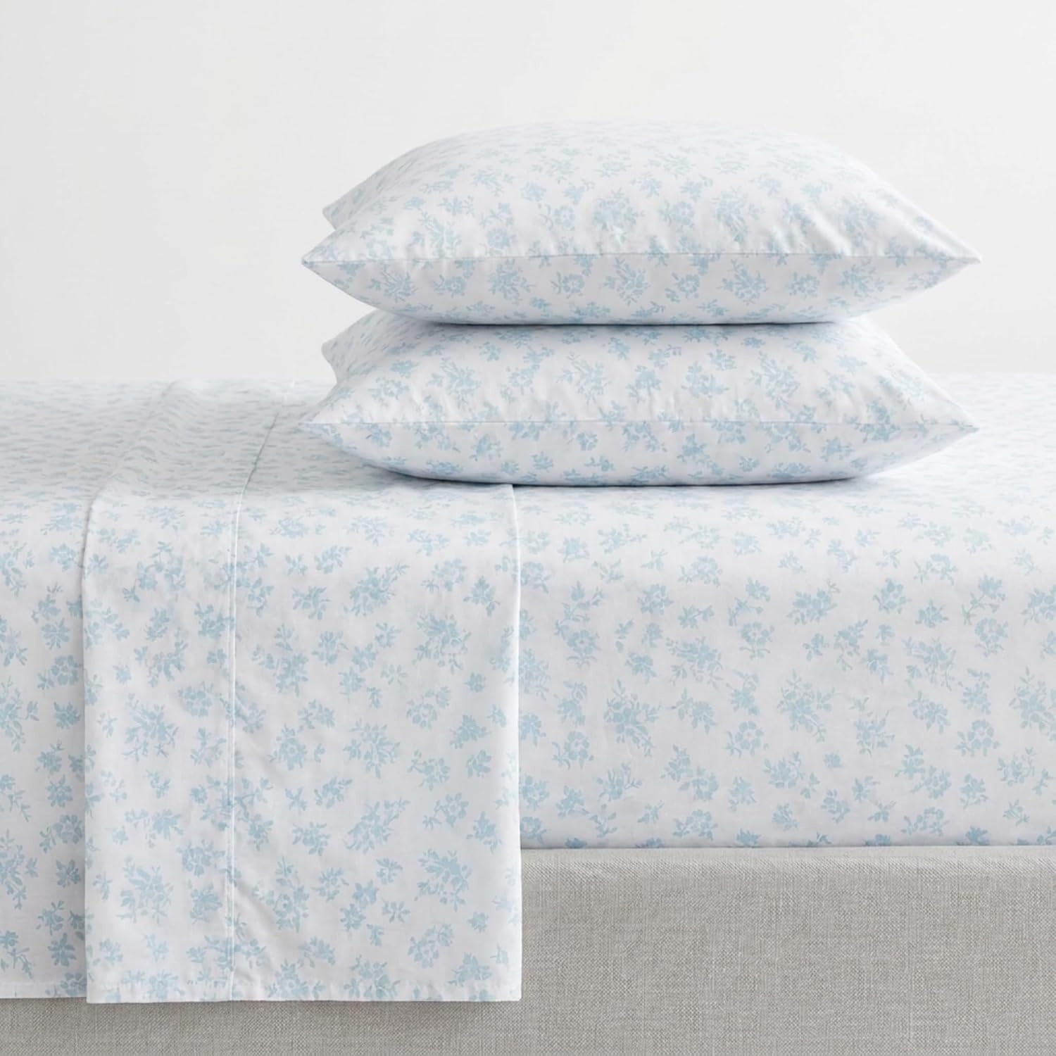 image:imageMartha Stewart Full Sheet Set with Fitted Sheet amp Pillowcases Cotton Percale Bedding with a Smooth Feel Deep Pocket Gingham BrownFloral Blue
