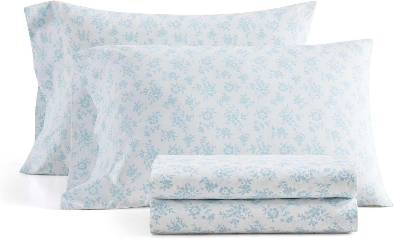 image:imageMartha Stewart Full Sheet Set with Fitted Sheet amp Pillowcases Cotton Percale Bedding with a Smooth Feel Deep Pocket Gingham BrownFloral Blue