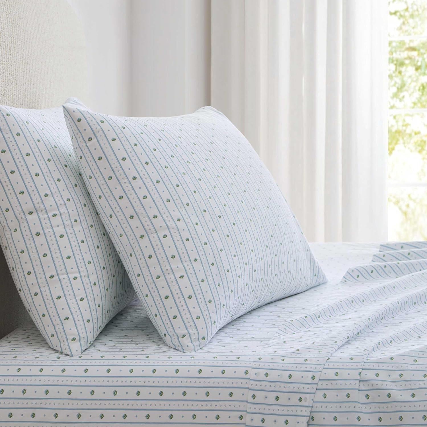 image:imageMartha Stewart Full Sheet Set with Fitted Sheet amp Pillowcases Cotton Percale Bedding with a Smooth Feel Deep Pocket Gingham BrownFloral Stripe Blue