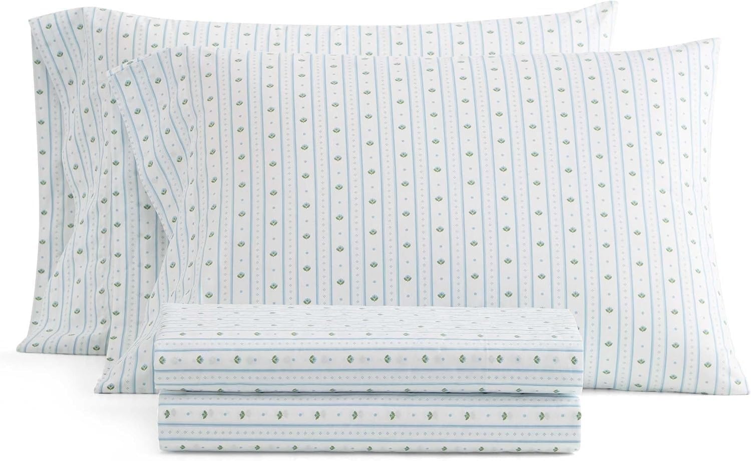 image:imageMartha Stewart Full Sheet Set with Fitted Sheet amp Pillowcases Cotton Percale Bedding with a Smooth Feel Deep Pocket Gingham BrownFloral Stripe Blue