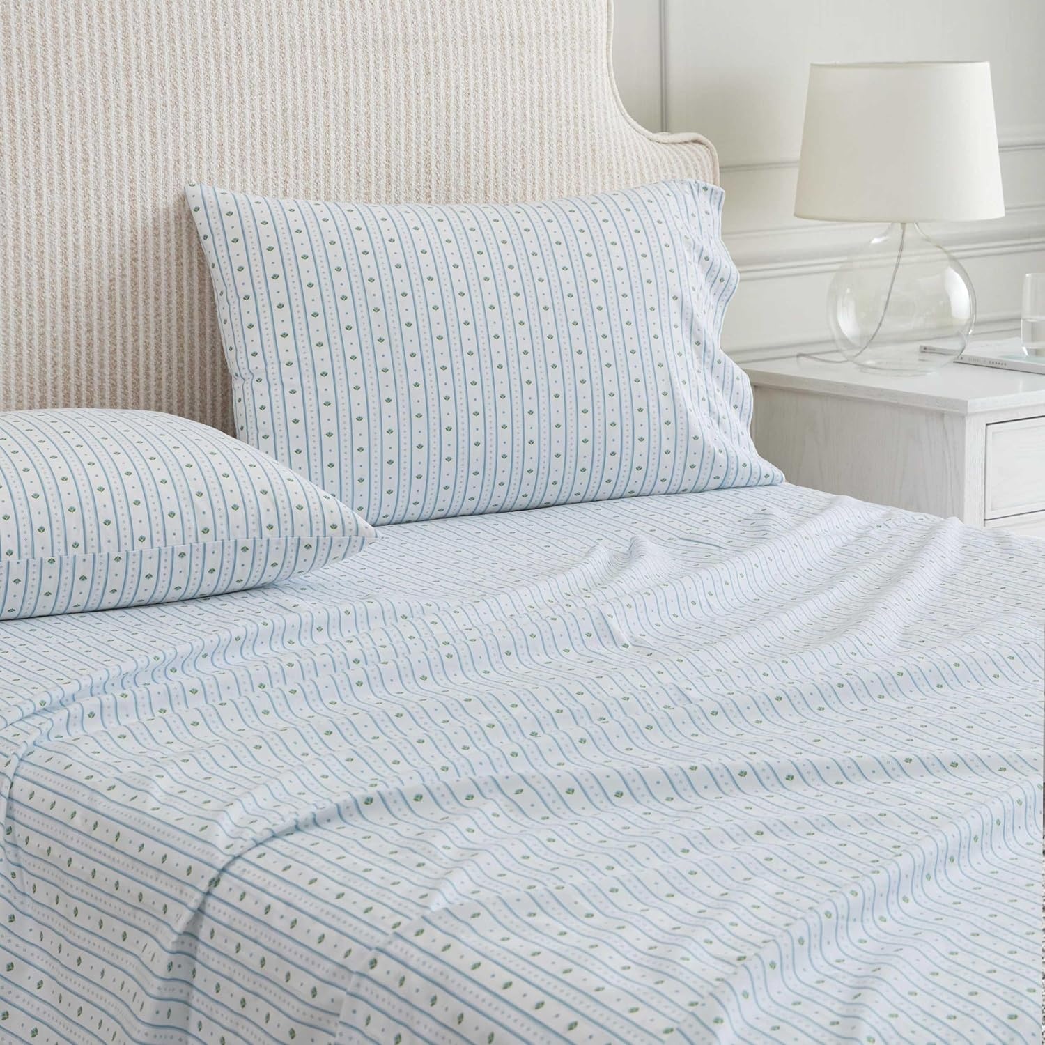 image:imageMartha Stewart Full Sheet Set with Fitted Sheet amp Pillowcases Cotton Percale Bedding with a Smooth Feel Deep Pocket Gingham BrownFloral Stripe Blue