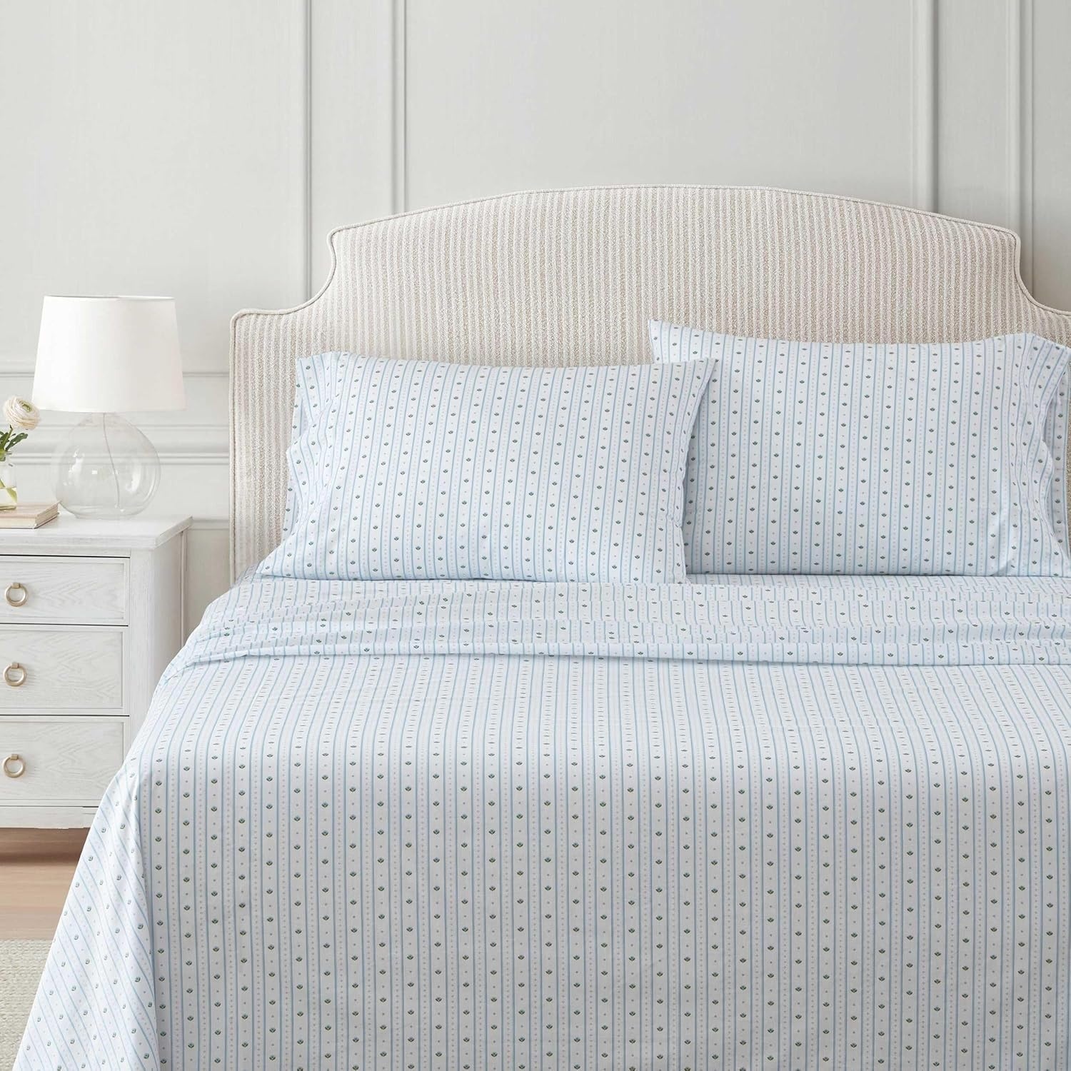image:imageMartha Stewart Full Sheet Set with Fitted Sheet amp Pillowcases Cotton Percale Bedding with a Smooth Feel Deep Pocket Gingham BrownFloral Stripe Blue