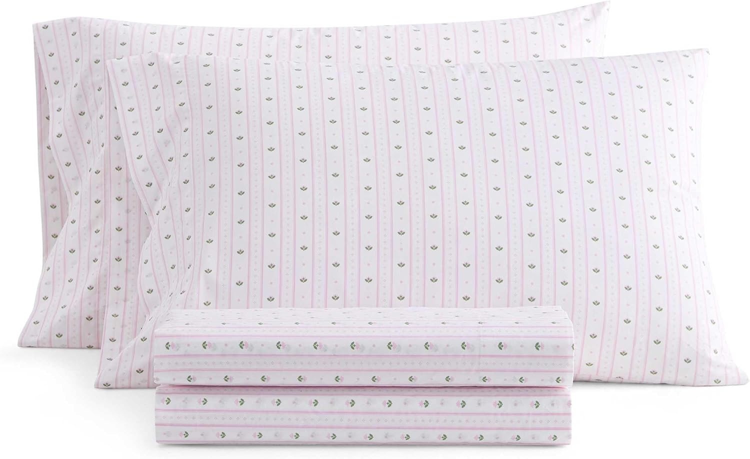 image:imageMartha Stewart Full Sheet Set with Fitted Sheet amp Pillowcases Cotton Percale Bedding with a Smooth Feel Deep Pocket Gingham BrownFloral Stripe Pink