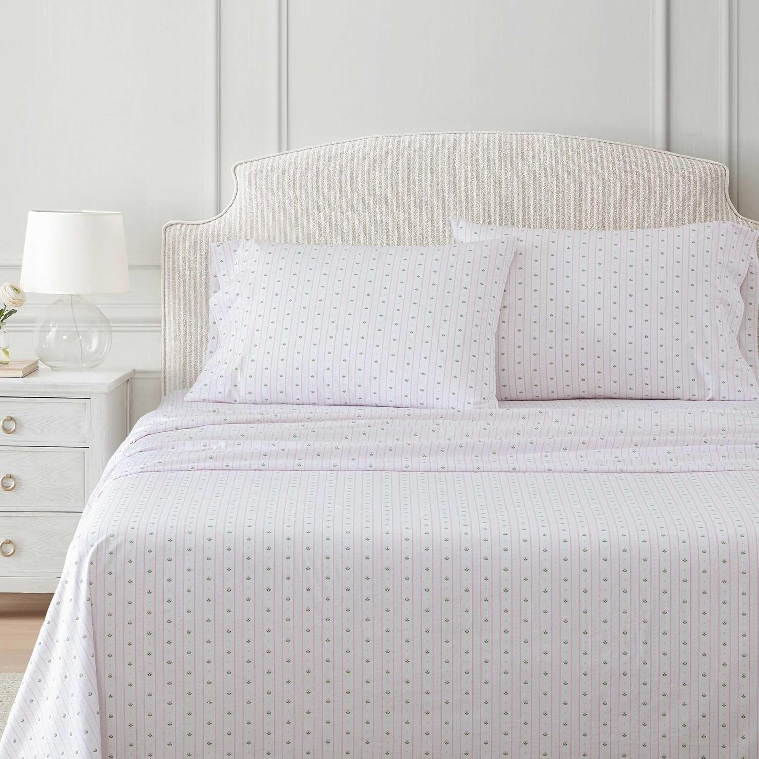 image:imageMartha Stewart Full Sheet Set with Fitted Sheet amp Pillowcases Cotton Percale Bedding with a Smooth Feel Deep Pocket Gingham BrownFloral Stripe Pink