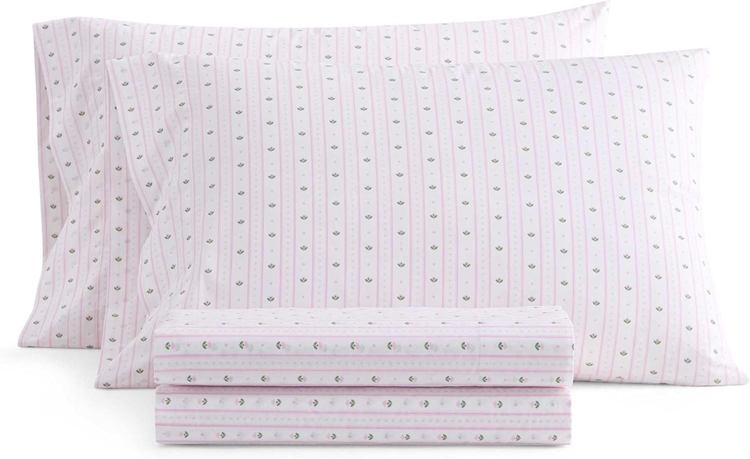 image:imageMartha Stewart Full Sheet Set with Fitted Sheet amp Pillowcases Cotton Percale Bedding with a Smooth Feel Deep Pocket Gingham BrownFloral Stripe Pink
