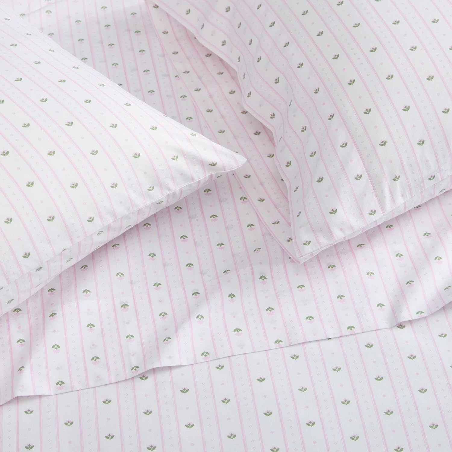 image:imageMartha Stewart Full Sheet Set with Fitted Sheet amp Pillowcases Cotton Percale Bedding with a Smooth Feel Deep Pocket Gingham BrownFloral Stripe Pink