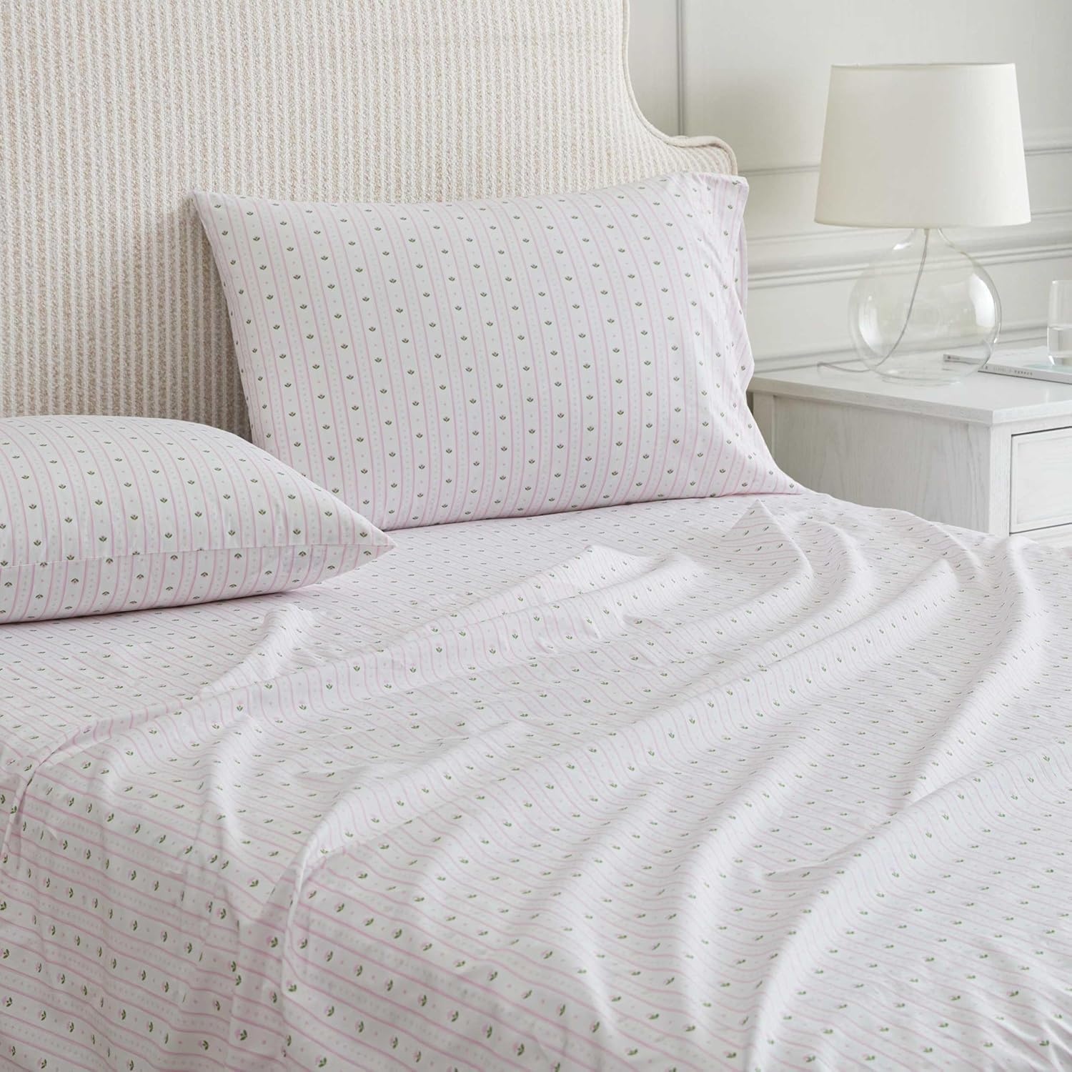 image:imageMartha Stewart Full Sheet Set with Fitted Sheet amp Pillowcases Cotton Percale Bedding with a Smooth Feel Deep Pocket Gingham BrownFloral Stripe Pink