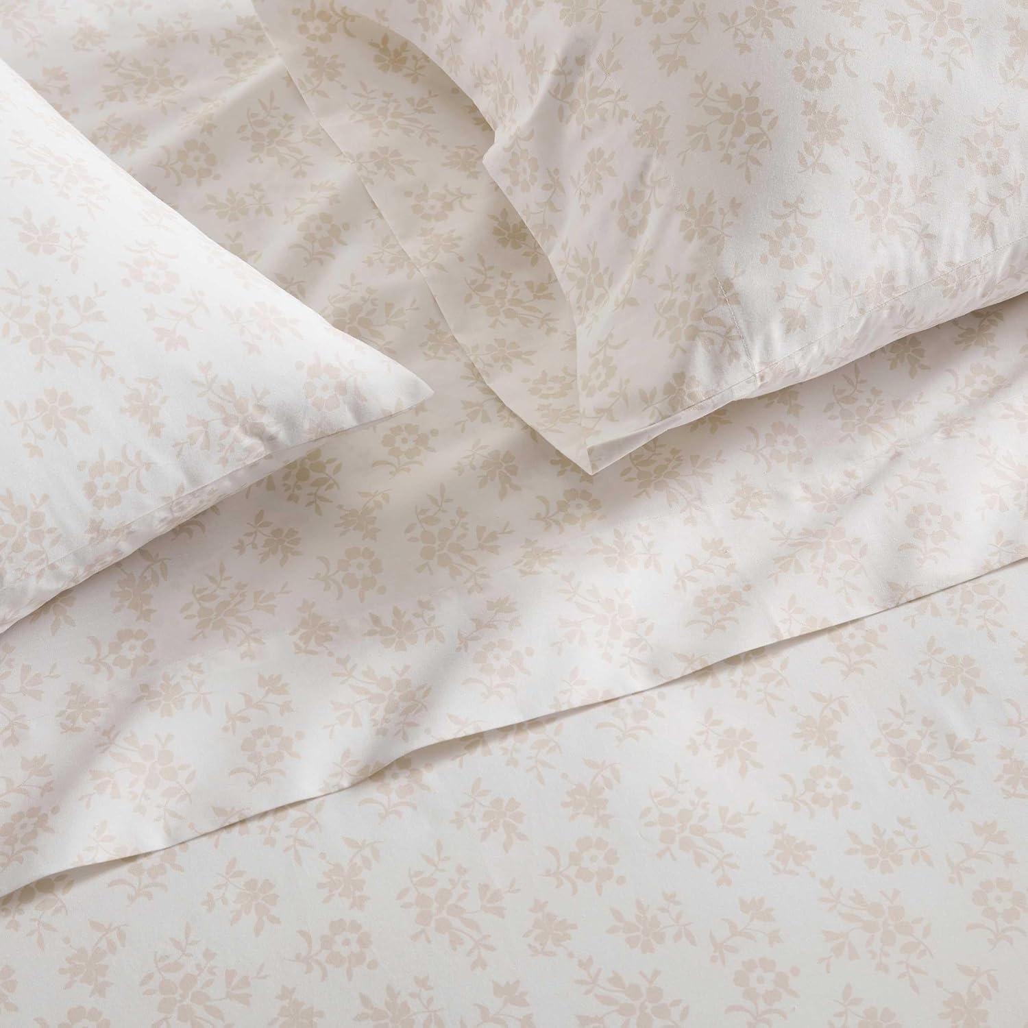 image:imageMartha Stewart Full Sheet Set with Fitted Sheet amp Pillowcases Cotton Percale Bedding with a Smooth Feel Deep Pocket Gingham BrownFloral White