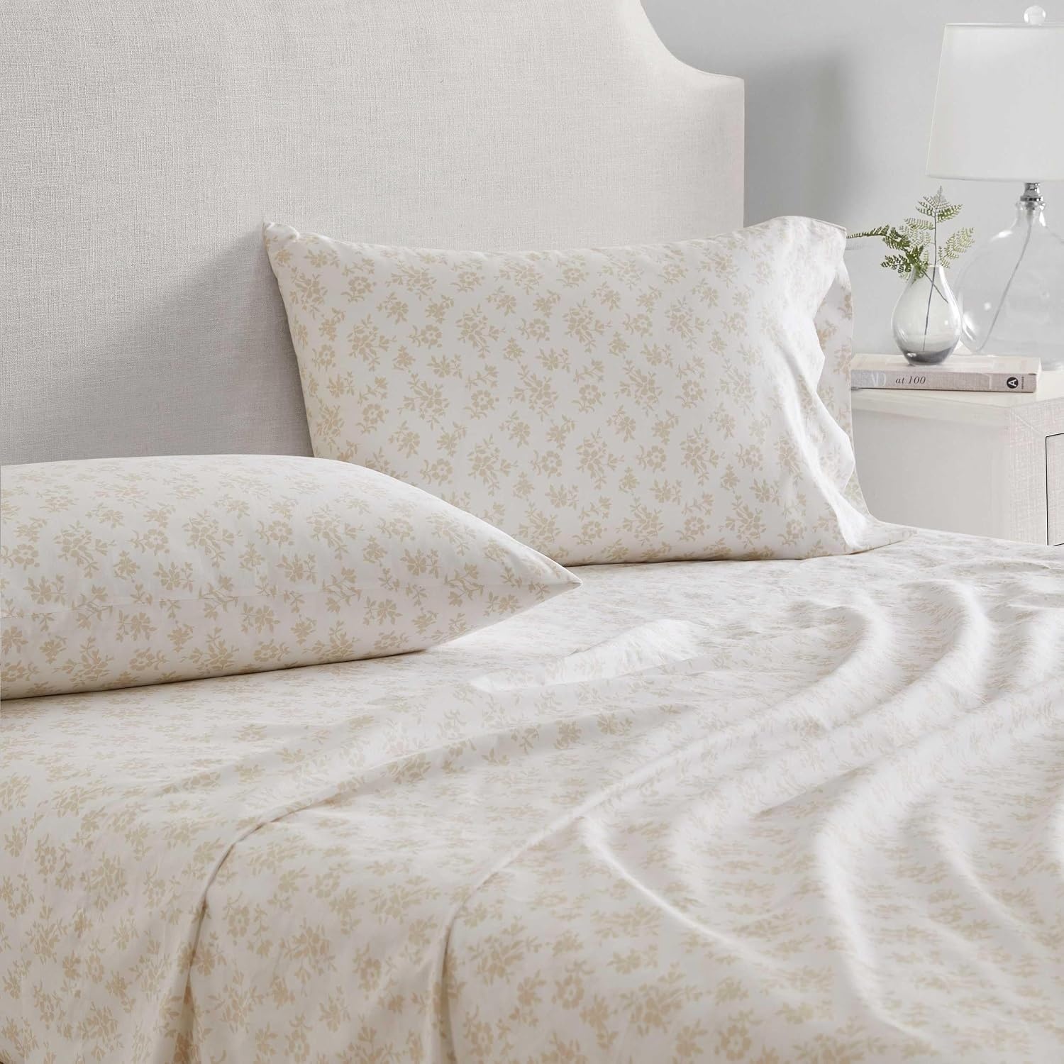 image:imageMartha Stewart Full Sheet Set with Fitted Sheet amp Pillowcases Cotton Percale Bedding with a Smooth Feel Deep Pocket Gingham BrownFloral White