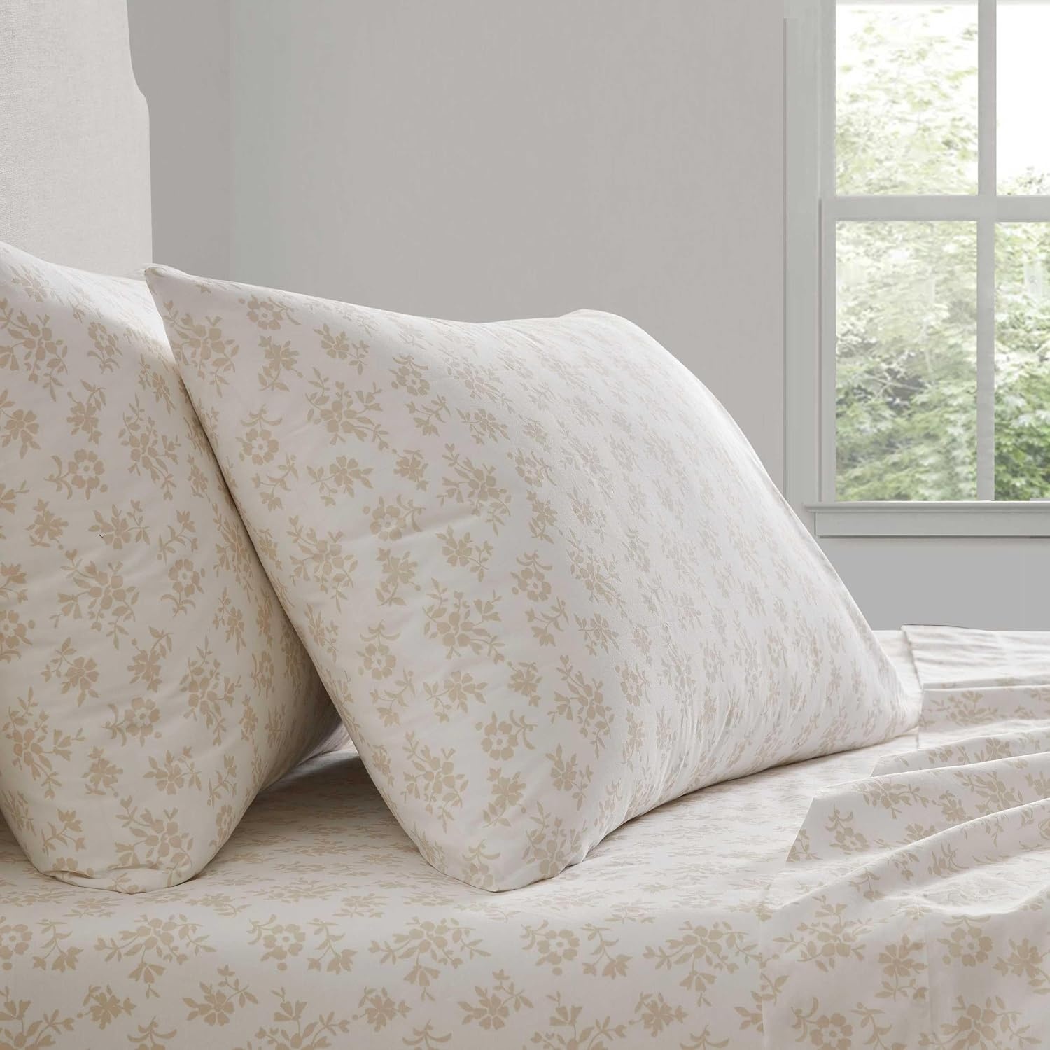 image:imageMartha Stewart Full Sheet Set with Fitted Sheet amp Pillowcases Cotton Percale Bedding with a Smooth Feel Deep Pocket Gingham BrownFloral White