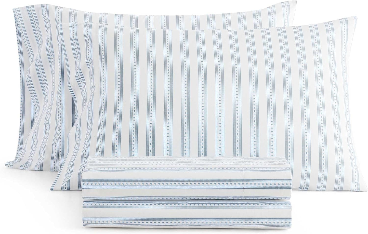 image:imageMartha Stewart Full Sheet Set with Fitted Sheet amp Pillowcases Cotton Percale Bedding with a Smooth Feel Deep Pocket Gingham BrownFrancesca Stripe Blue